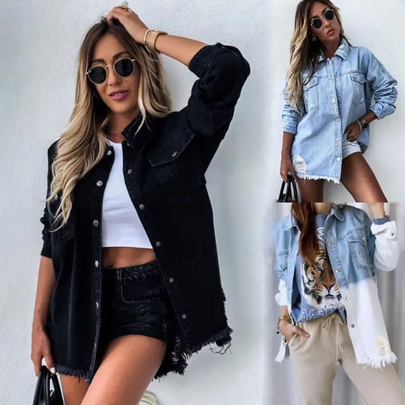 Wholesale 2021 fall ladies black blue washed ripped long denim jean jackets coat vintage fall winter jacket woman