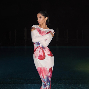Robe longue imprimée en maille pour femme, col rond, manches longues, moulante, imprimé floral, robe de soirée, taille naturelle, jupe longue, translucide - Product Image 3