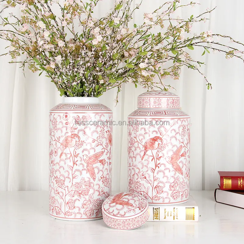 J261 Chinese antique porcelain red flower bird jar home decor ceramic cylinder vase for flowers