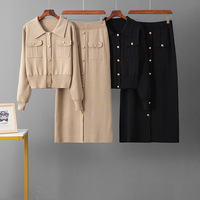 Ensemble élégant décontracté pour femme : cardigan tricoté à revers et boutons dorés, manches longues, et jupe midi – Idéal printemps-automne, bureau et usage quotidien