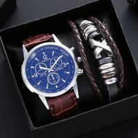 Coffret Cadeau 3 Pièces Montre et Bracelet avec Boîte, Tendance Mode, Cadran Miroir en Verre Bleu Clair, Montre à Quartz pour Homme