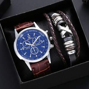 Coffret Cadeau 3 Pièces <span class=keywords><strong>Montre</strong></span> et <span class=keywords><strong>Bracelet</strong></span> avec Boîte, Tendance Mode, <span class=keywords><strong>Cadran</strong></span> Miroir en Verre <span class=keywords><strong>Bleu</strong></span> Clair, <span class=keywords><strong>Montre</strong></span> à Quartz pour Homme - Product Image 2