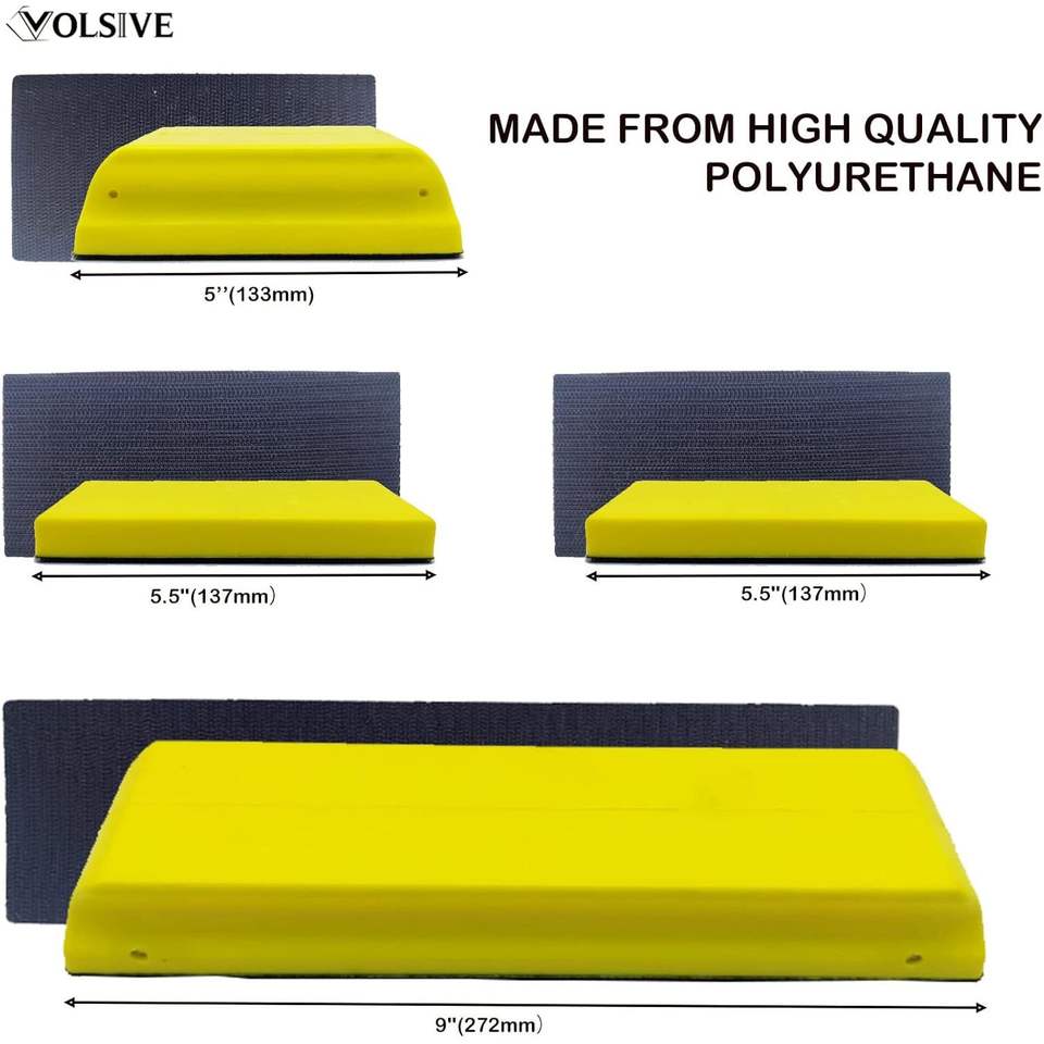 VOLSIVE 7pcs Yellow Hand Sanding Block Set Rectangle Handheld Sanding Pad Hook Loop Interchangeable Assorted Shapes for Sanding