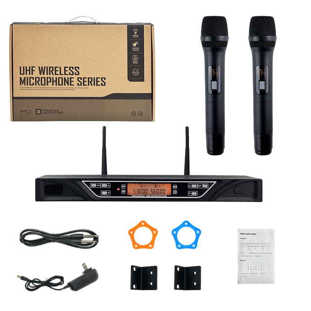 Professional Wireless Microphone System Dual Channels Dynamic UHF Mics Noise Cancelling for Karaoke Stage