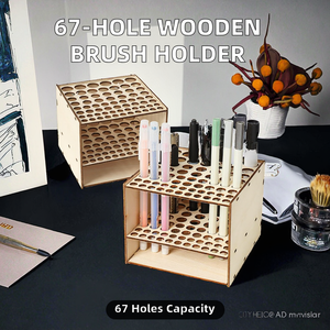 67 Holes Double Tier Standing Type Wood Paintbrush <b>Holder</b> Stand Rack Organizer for Paint Brushes Colored Pencils <b>Makeup</b> Brushes - Product Image 2
