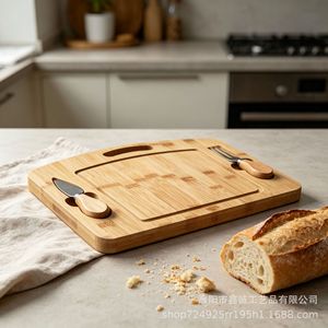 Bamboo Cutting Board <b>Set</b> With <b>Cheese</b> <b>Knife</b> Portable For Food Serving And Kitchen Use - Product Image 3