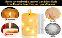 Guirlande lumineuse à LED blanc chaud effet flamme, finition mate, en cire de paraffine, télécommande, alimentée par piles, sans feu, pour Noël et Pâques