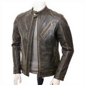 <b>Mens</b> Real Brown Leather <b>Jacket</b> Slim Fit <b>Biker</b> Motorcycle Cafe Racer Cowhide Coat Chest Zip Vintage Custom Classic Outerwears New - Product Image 1