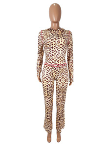 Herbst Damen bekleidung Hot Sale Leoparden muster Strickjacke und Hosenanzug mit Reiß verschluss Kapuze New Fashion Jumps uits & Plays uits - Product Image 5