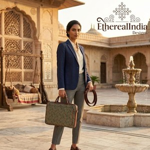 Bolso para portátil Ajrakh con estampado de bloques, verde, de algodón, bolso de oficina, estilo étnico bohemio, bolso de trabajo con correa. - Product Image 1