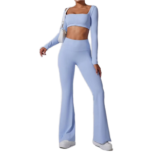 Conjunto de Yoga de 2 Piezas de Manga Larga, Diseño Nuevo, Sólido, para Mujer, Leggings Deportivos, Secado Rápido, Spandex/Nylon, Ropa Deportiva - Product Image 1