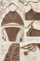 Ensemble de maillots de bain bohèmes pour femmes avec sac de plage à franges, bikini au crochet, ensemble pour les vacances d'été à la plage