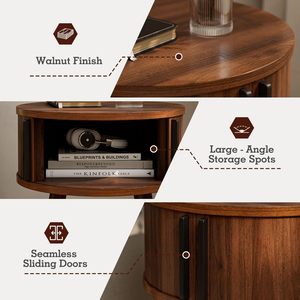 Table de chevet ronde SENYU de style mi-siècle avec portes coulissantes en bois de noyer, pieds coniques, capacité de 33 lb, design moderne, durable - Product Image 4