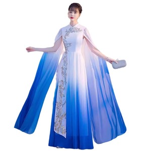Women's Blue Gradient Classical Dance Dress With 3D Embroidery Stage Performance Wear - Product Image 5
