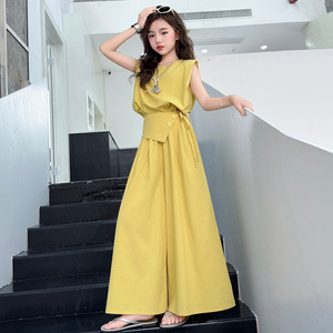 Completo Abbigliamento Bambina Estate 2026: Top Giallo Blu Senza Maniche + Pantaloni a Gamba Larga, Set 2 Pezzi Tinta Unita - Product Image 1