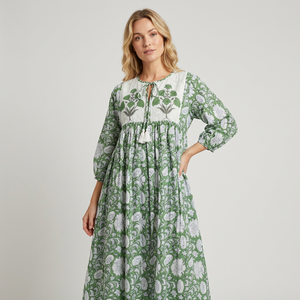 Robe midi décontractée pour femme, faite à la main, style moderne, tissée, col en V, imprimé floral, coton, bretelles réglables, dentelle, lavable - Product Image 1