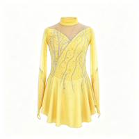 Robe de patinage artistique jaune en maille à col roulé et manches longues avec strass, jupe à volants pour enfants et adultes, pour compétition et performance