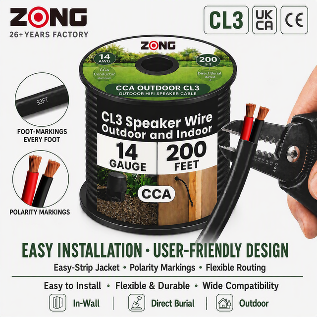 14 AWG Copper Clad Aluminum (CCA) 2-Conductor Speaker Wire 200Feet Hi-Fi Stereo AUX CL2/CL3 Rated Flexible Stranded Audio Cable