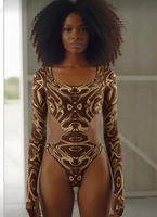 Groothandel op maat gemaakte gepatroneerde lange mouwen monokini dames carnaval feest zwempak festival rave bodysuit Caribisch Miami Jouvert kleding