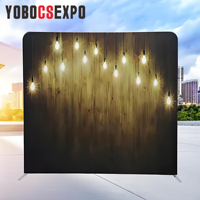 Stand backdrop kain lipat portabel 8ft*8ft, rangka aluminium stainless steel, cetak CMYK, tahan api, ringan