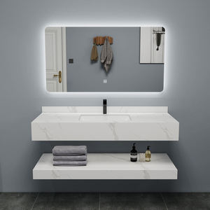 Mueble de Baño Moderno de Pared con Aspecto de Mármol Blanco, Personalizado al por Mayor, con Doble Estante de <span class=keywords><strong>Piedra</strong></span> y Espejo LED para Hotel - Product Image 2