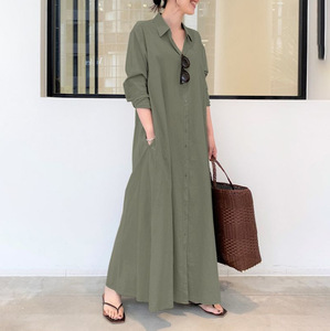 Robe chemise longue décontractée en lin et coton uni à col revers, manches longues et poches latérales pour femme - Product Image 1