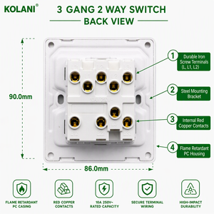 Interrupteur mural Kolani UK Standard 3G2W 90x86mm blanc mat 3 gangs 2 voies, 10AX 250V, triple bouton - Product Image 3