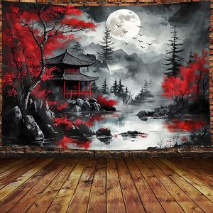 Tapiz de Pared de Poliéster Japonés con Diseño de Pagoda de Arce Rojo y Luna, Impreso, Lavable a Máquina, Decoración de Pared Japonesa, Venta al Por Mayor - Product Image 5