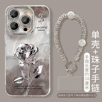 Coque de téléphone magnétique en TPU avec motif dessin animé et finition mate pour iPhone 14 Pro, motif fleur rose argentée avec support et chaîne pour objectif