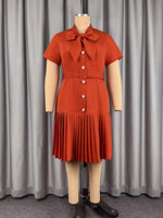 ADR060447 Robe plissée à manches courtes avec nœud et détails boutonnés, tenue de bureau pour femme