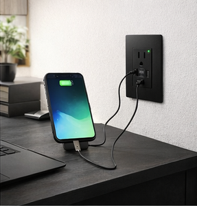 Prise murale américaine <span class=keywords><strong>LE</strong></span> en verre noir 6 broches avec prise de charge rapide USB Type A et Type C 20W, 15A, 2 sorties, IP24, 110-250V - Product Image 4