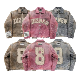 جاكيت جينز رجالي مخصص من DiZNEW، تصميم عصري بشعار مخصص، فضفاض بطراز قديم مع غسيل وتآكل ومرصع بالأحجار - Product Image 1