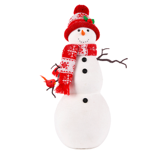Rustic Red Snowflake Hat Snowman Doll with <b>Perched</b> Cardinal <b>Bird</b> for Nature-Inspired Winter Decor - Product Image 1