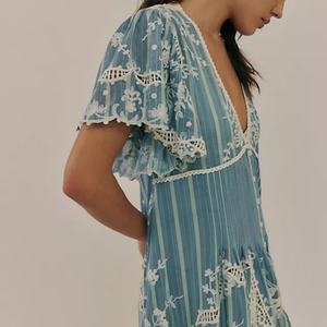 Vestido Midi Casual de Verano con Cuello en V y Bordado Floral Romántico para Mujer, Vestido de Encaje con Mangas Abullonadas y Corte Imperio - Product Image 4