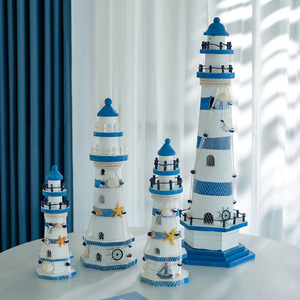 Faro de madera a rayas azules y blancas, 2 piezas, estilo mediterráneo, decoración para el hogar, forma geométrica, material de pino - Product Image 3