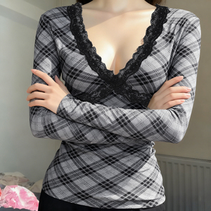 Vintage Plain Dyed Plaid Print Women's Long Sleeve T-Shirt Summer V Neck Lace Knit Breathable Anti-UV Quick Dry Base Layer Top - Product Image 3