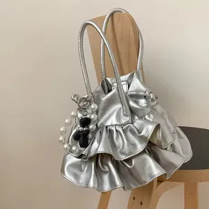 New arrival soft leather shoulder bag fashion design ruffled edges for pleated bags gray handbag ladies bag