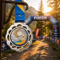 Médaille de récompense personnalisée en alliage de zinc moulé sous pression, durable, pour course à pied en trail, sports d'aventure en plein air, gravure sur le dos, plaqué argent, festonné