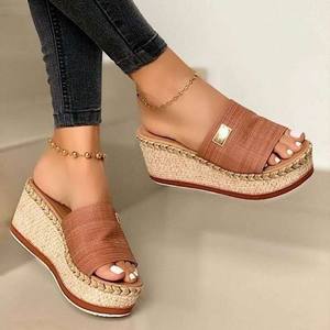 Espadrilles à plateforme, sandales en paille à talon compensé bout rond, décontracté en caoutchouc, couleur unie, marron clair, jaune, été, collection - Product Image 3