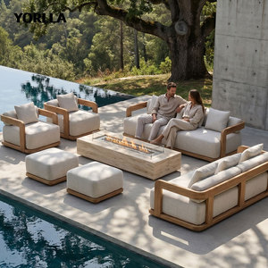 Canapé <span class=keywords><strong>de</strong></span> patio en teck en U moderne pour complexe hôtelier, <span class=keywords><strong>salon</strong></span> <span class=keywords><strong>de</strong></span> <span class=keywords><strong>jardin</strong></span> à assise profonde avec table brasero, couleur personnalisée par le fabricant - Product Image 2