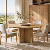Ensemble de salle à manger rond en chêne clair rustique Wabi-Sabi avec base croisée et chaises en lin pour hôtels de charme et résidences