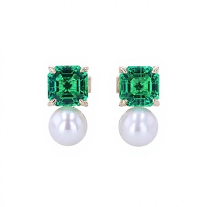 Asscher Cut Lab <b>Emerald</b> <b>Stud</b> Earrings Freshwater Pearl Gold Earrings Vintage Green White Pair Jewelry - Product Image 4