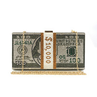 YXHT Dollar sac sacs à main pochette cristal strass tissu argent 100 Dollar Bill signe sac de soirée
