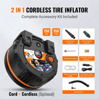 ABS Rechargeable 2-in-1 Electric Tire Inflator Air Pump Digital Pressure Gauge High Volume Automatic Shut-Off Camping Inflation