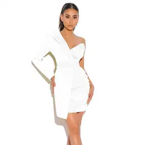 Signore Ha Increspato Abiti di Moda Bodycon <span class=keywords><strong>Bianco</strong></span> Una Manica Crepe Giacca Sportiva Mini Abito In Raso - Product Image 1