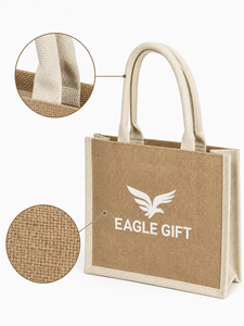 Sac fourre-tout en jute de couleur unie imprimé sur mesure, fermeture ouverte, doublure en polyester écologique réutilisable, portable, design tendance de haute qualité - Product Image 1
