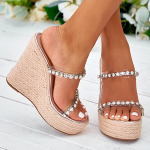 Nouvelles sandales compensées respirantes à talons hauts pour femmes 2022 avec strass, faciles à enfiler, pour l'été - Product Image 1