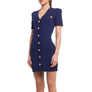 Robe pull de luxe OEM en coton et lyocell bleu, col en V, tricot côtelé pour femme - Product Image 3