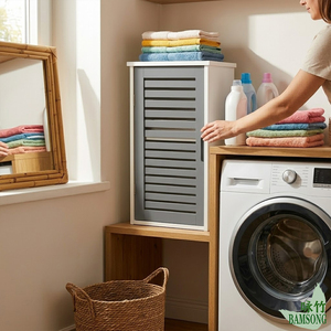 Armoire <span class=keywords><strong>de</strong></span> rangement <span class=keywords><strong>blanche</strong></span> et grise avec <span class=keywords><strong>porte</strong></span> à persiennes, style minimaliste moderne, 2 niveaux séparés pour ranger les serviettes, les articles <span class=keywords><strong>de</strong></span> <span class=keywords><strong>toilette</strong></span>, armoire <span class=keywords><strong>de</strong></span> salle <span class=keywords><strong>de</strong></span> bain - Product Image 5