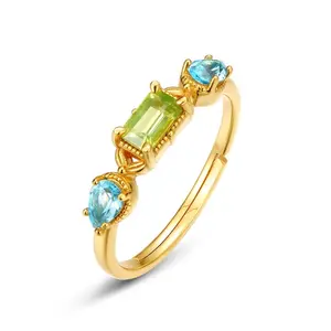 Wholesale Gold Plated 925 Sterling Silver Minimalist Adjustable Birthstone Ring Petite Natural Peridot and Swiss Blue Topaz Ring